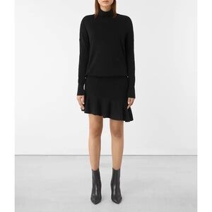 AllSaints Hava Black Wool Cashmere Asymmetrical Ruffle Turtleneck Dress Size S